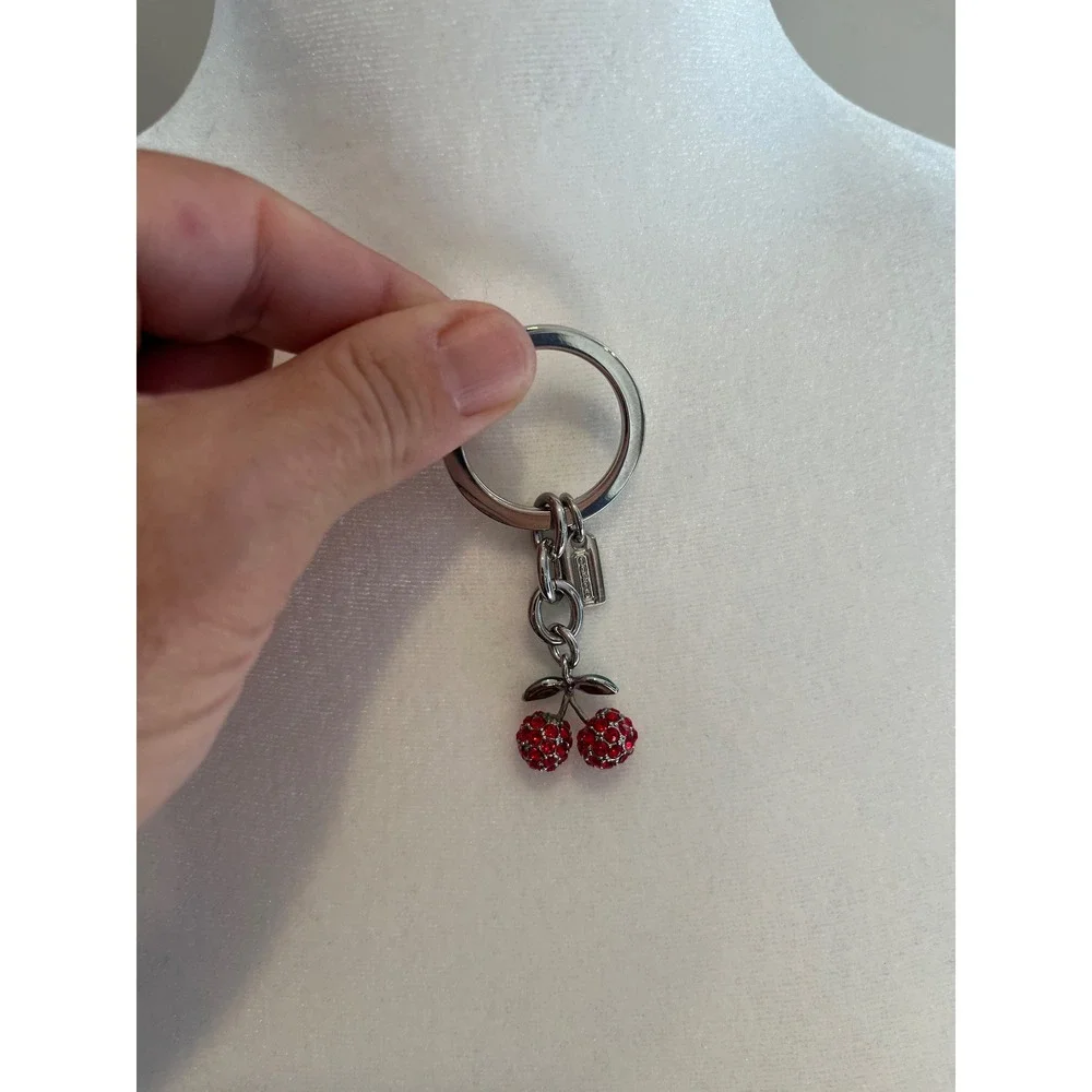 Coach Red Pave Crystal Cherry Keychain Bag Charm Silver Tone 3D Fruit Accessory